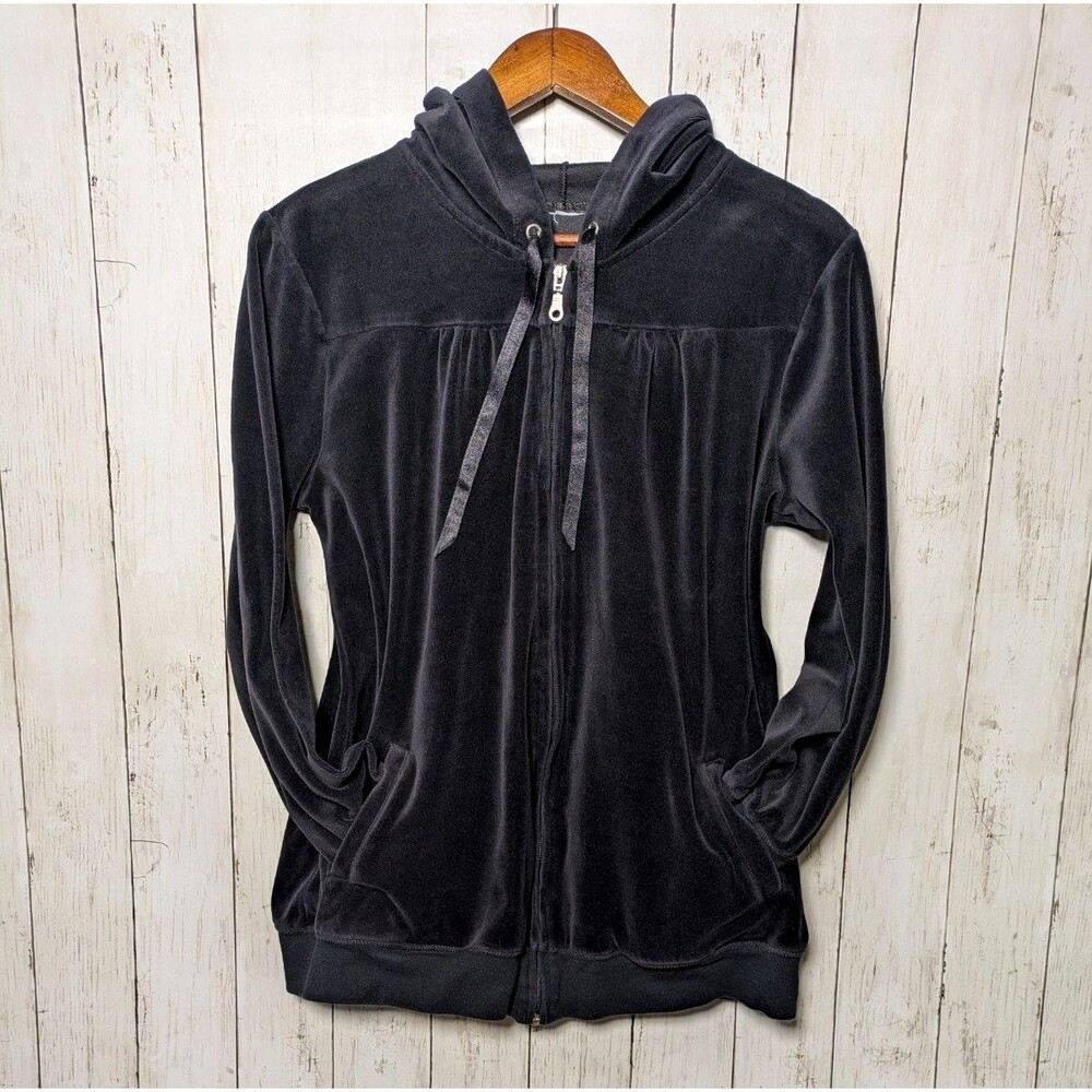 Black Velour Zip Hoodie Size Large Y2K Goth Lounge Soft Glam Cozy Whimsigoth